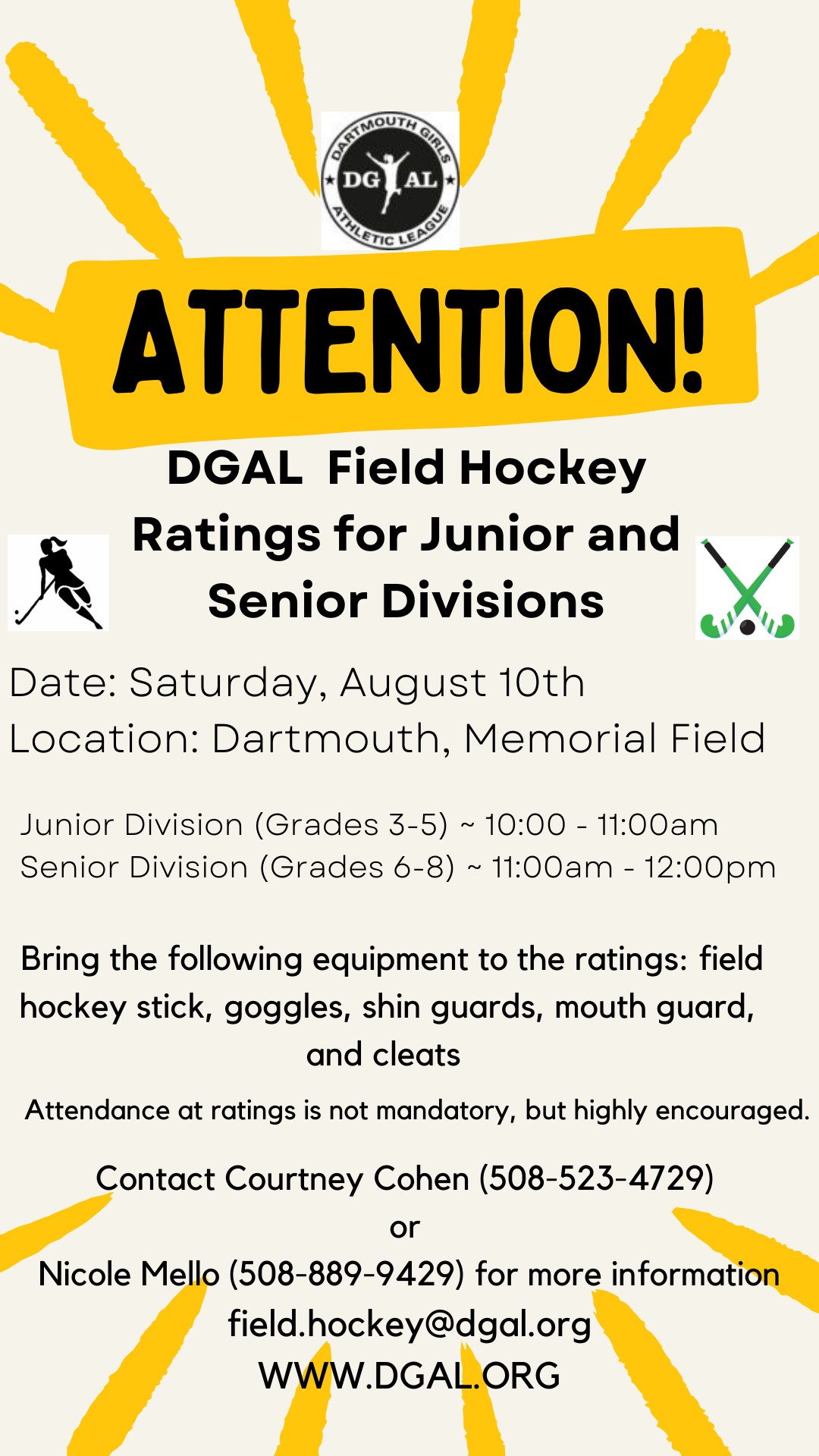 Field Hockey Ratings for Junior & Seniors August 10th Dartmouth Girls